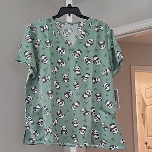Cute Green Panda Bamboo Print Women's Scrub Top
